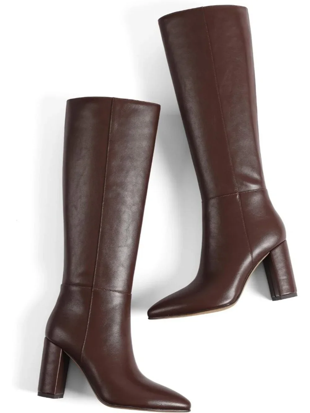 Women's Dark Brown Chunky Heel Pointed Toe Non Slip Side Zipper Knee High Boots